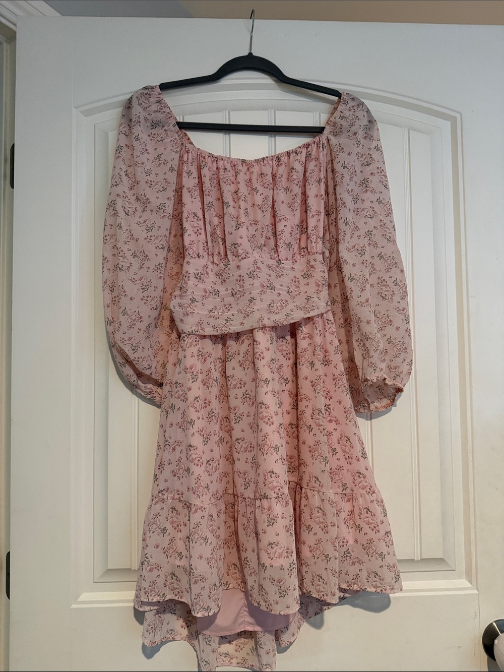 Floral Pink Long-Sleeve Tiered Off-Shoulder Dress